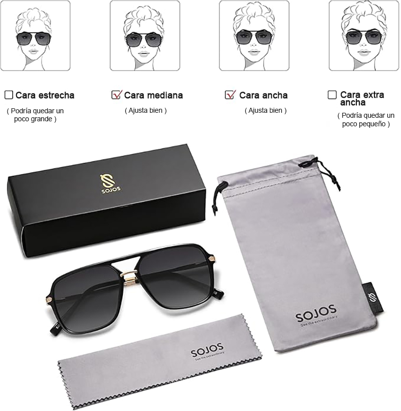 Estuche y presentación del lente de sol SOJOS. Incluye estuche y accesorios de limpieza